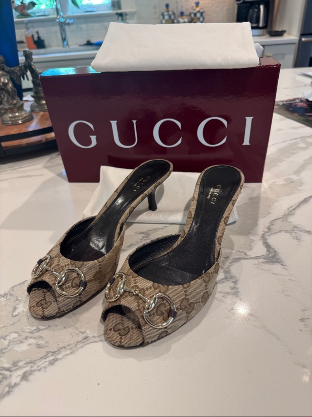 Gucci vintage 2000s GG monogram kitten heel mules with horsebit detail